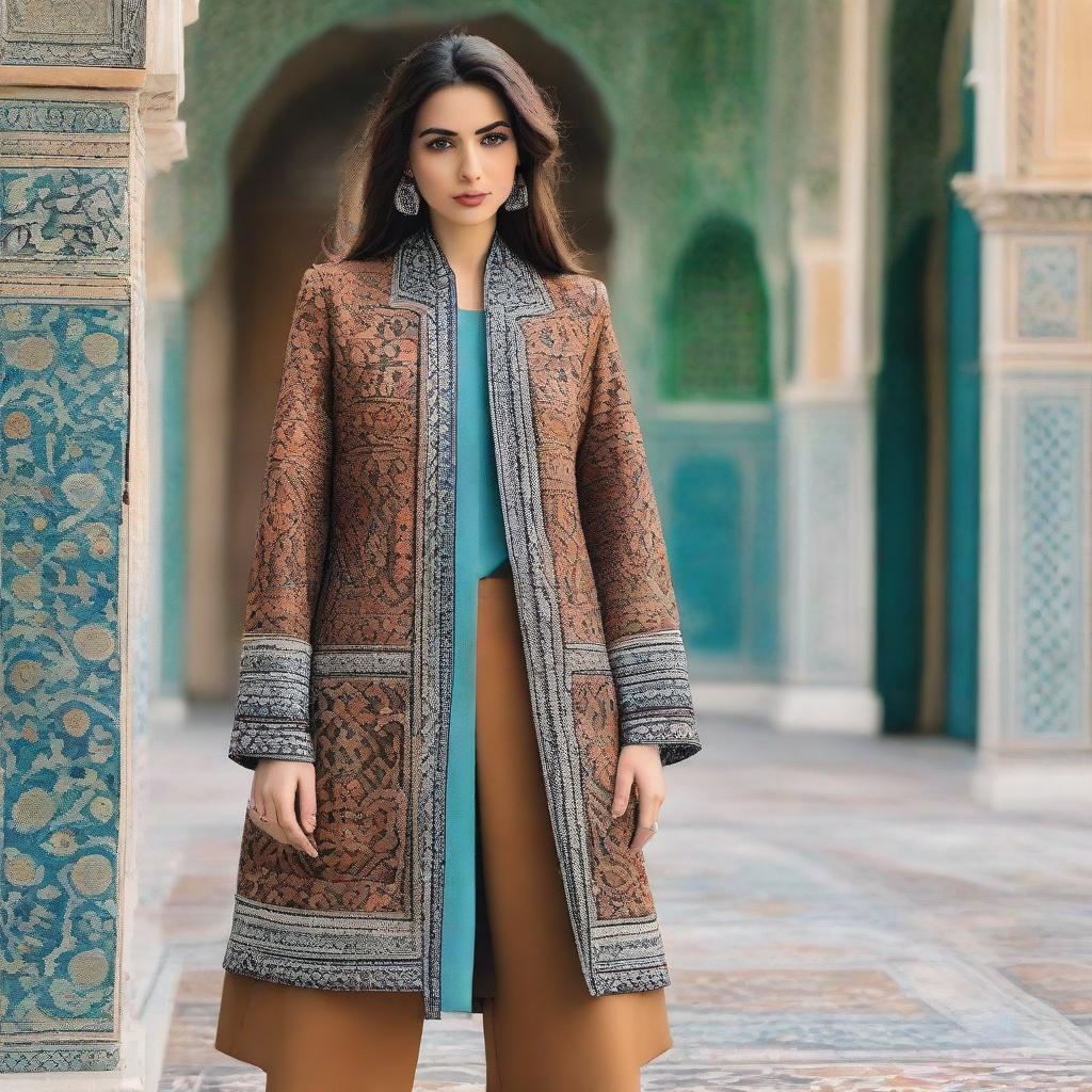 A creatively simple manteau design for Iranian women, taking inspiration from the distinctive motifs and geometric patterns of Amir Chakhmaq Square in Yazd