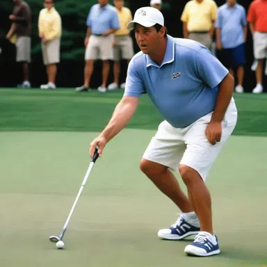 In the movie 'Happy Gilmore', the protagonist played by Adam Sandler hilariously struggles to tee up his ball and ends up hitting it into various obstacles instead.