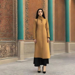 A manteau for Iranian women, blending the creativity and simplicity of Parcha design, and enriched with inspiration derived from the architectural beauty of Amir Chakhmaq Square in Yazd