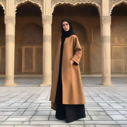 A unique manteau design for Iranian women showcasing the creativity in sewing and simplicity of fabric, drawing inspiration from the stunning architecture of Amir Chakhmaq Square in Yazd