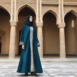 A unique manteau design for Iranian women showcasing the creativity in sewing and simplicity of fabric, drawing inspiration from the stunning architecture of Amir Chakhmaq Square in Yazd