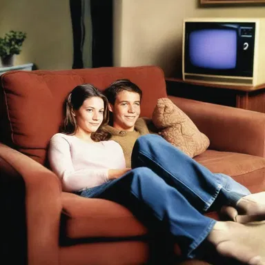 Sarah and Jake cuddled up on the couch, enjoying a romantic movie together on their new color television.
