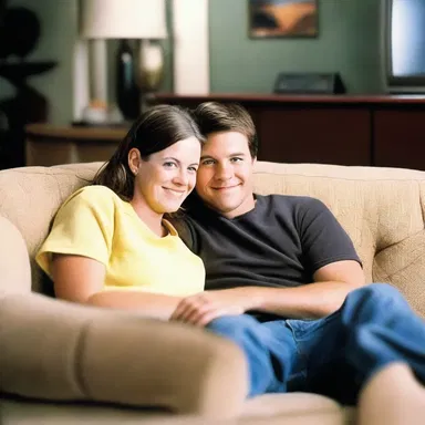 Sarah and Jake cuddled up on the couch, enjoying a romantic movie together on their new color television.