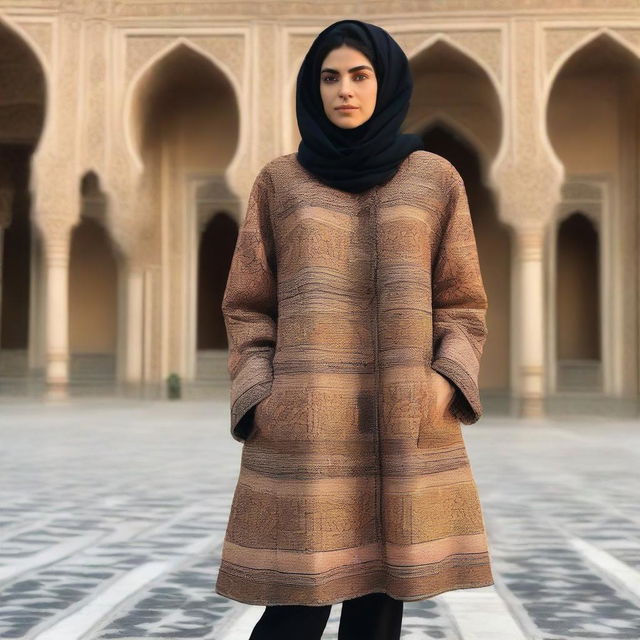 A unique manteau design for Iranian women showcasing the creativity in sewing and simplicity of fabric, drawing inspiration from the stunning architecture of Amir Chakhmaq Square in Yazd