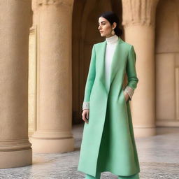 A manteau for Iranian women reflecting sewing artistry and fabric simplicity, inspired by the architectural elegance of Tehran's Azadi Tower