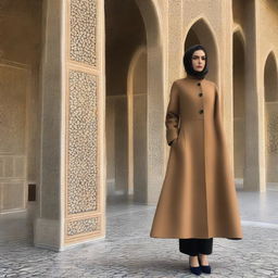 A manteau for Iranian women reflecting sewing artistry and fabric simplicity, inspired by the architectural elegance of Tehran's Azadi Tower