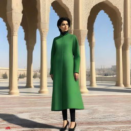 A manteau for Iranian women reflecting sewing artistry and fabric simplicity, inspired by the architectural elegance of Tehran's Azadi Tower