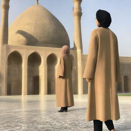 A manteau for Iranian women reflecting sewing artistry and fabric simplicity, inspired by the architectural elegance of Tehran's Azadi Tower