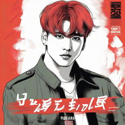 A sketch of Jungkook with fiery red hair, donned in a military uniform, dynamically positioned within a concert poster.