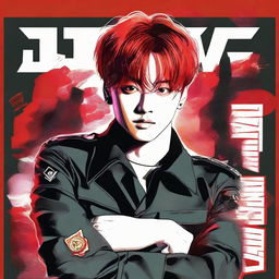 A sketch of Jungkook with fiery red hair, donned in a military uniform, dynamically positioned within a concert poster.