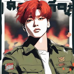 A sketch of Jungkook with fiery red hair, donned in a military uniform, dynamically positioned within a concert poster.