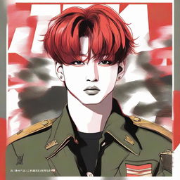 A sketch of Jungkook with fiery red hair, donned in a military uniform, dynamically positioned within a concert poster.