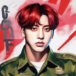 A striking painting of Jungkook from BTS, featuring him with vibrant red hair and in an army uniform, centered attractively within a poster.