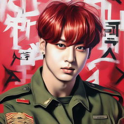 A striking painting of Jungkook from BTS, featuring him with vibrant red hair and in an army uniform, centered attractively within a poster.