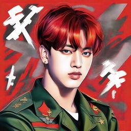 A striking painting of Jungkook from BTS, featuring him with vibrant red hair and in an army uniform, centered attractively within a poster.