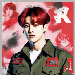 A striking painting of Jungkook from BTS, featuring him with vibrant red hair and in an army uniform, centered attractively within a poster.