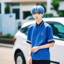 A vibrant image of Soobin from TXT, showcasing brilliant blue hair and adorned in a school uniform, casually leaning against a sleek car.