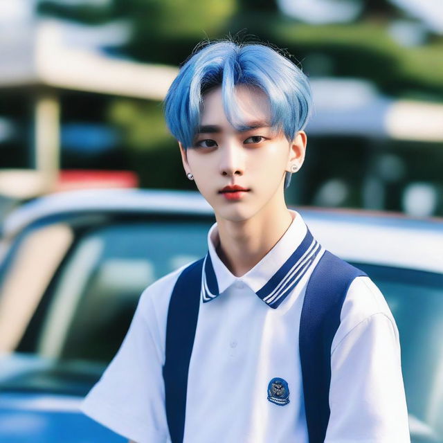 A vibrant image of Soobin from TXT, showcasing brilliant blue hair and adorned in a school uniform, casually leaning against a sleek car.