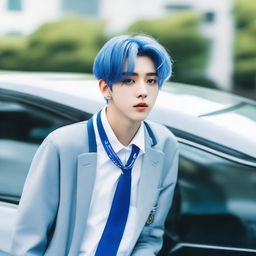 A vibrant image of Soobin from TXT, showcasing brilliant blue hair and adorned in a school uniform, casually leaning against a sleek car.