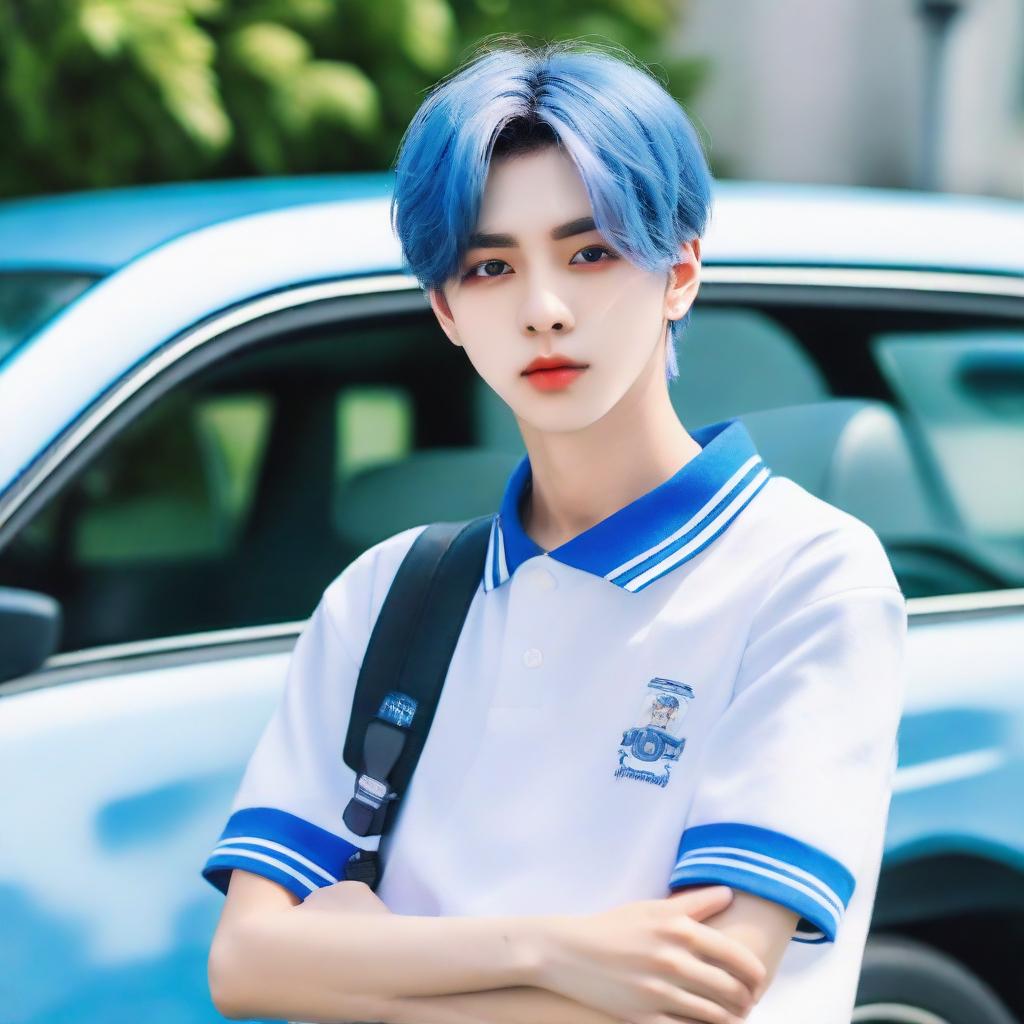 A vibrant image of Soobin from TXT, showcasing brilliant blue hair and adorned in a school uniform, casually leaning against a sleek car.