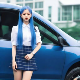 Jennie from Blackpink stylishly sporting electric blue hair and a neat school uniform, elegantly leaning against a high-end car.