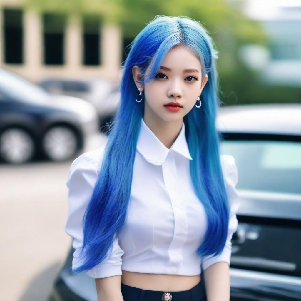 Jennie from Blackpink stylishly sporting electric blue hair and a neat school uniform, elegantly leaning against a high-end car.