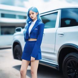 Jennie from Blackpink stylishly sporting electric blue hair and a neat school uniform, elegantly leaning against a high-end car.