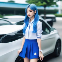 Jennie from Blackpink stylishly sporting electric blue hair and a neat school uniform, elegantly leaning against a high-end car.