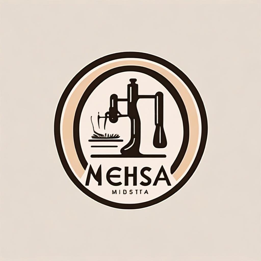 A minimalistic, simple 'Mehsa' logo design, representing the craft of sewing with distinct, symbolic imagery related to the profession