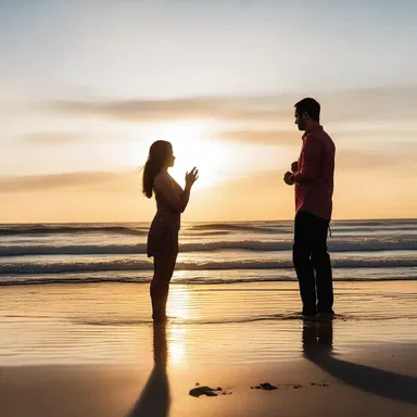 As they walked along the beach at sunset, he tried to deflect her attention away from his surprise proposal.