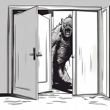 The protagonist tried to deflect the monster's attack by hiding behind a door.
