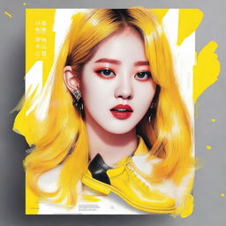 A compelling poster design featuring a painted portrait of Jisoo from Blackpink with striking yellow hair, artistically styled as a shoe brand model.