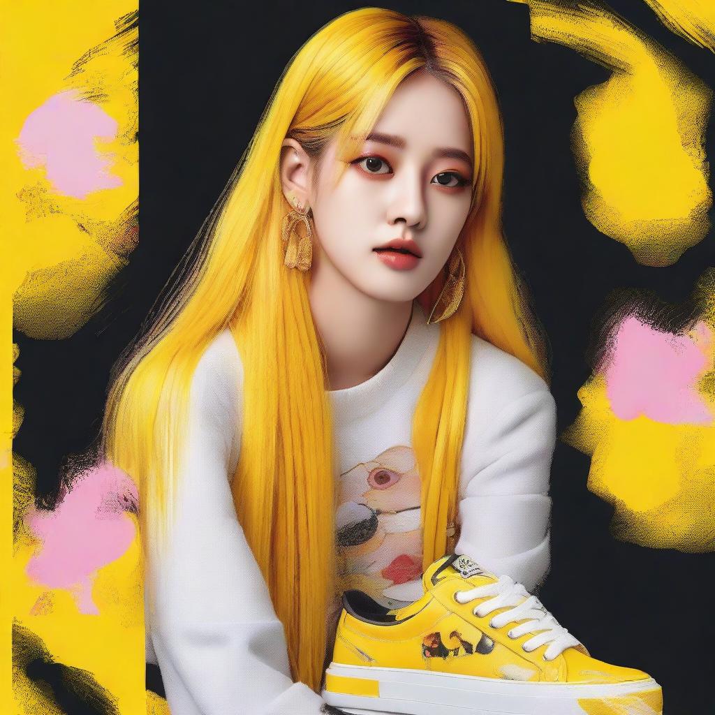 A compelling poster design featuring a painted portrait of Jisoo from Blackpink with striking yellow hair, artistically styled as a shoe brand model.