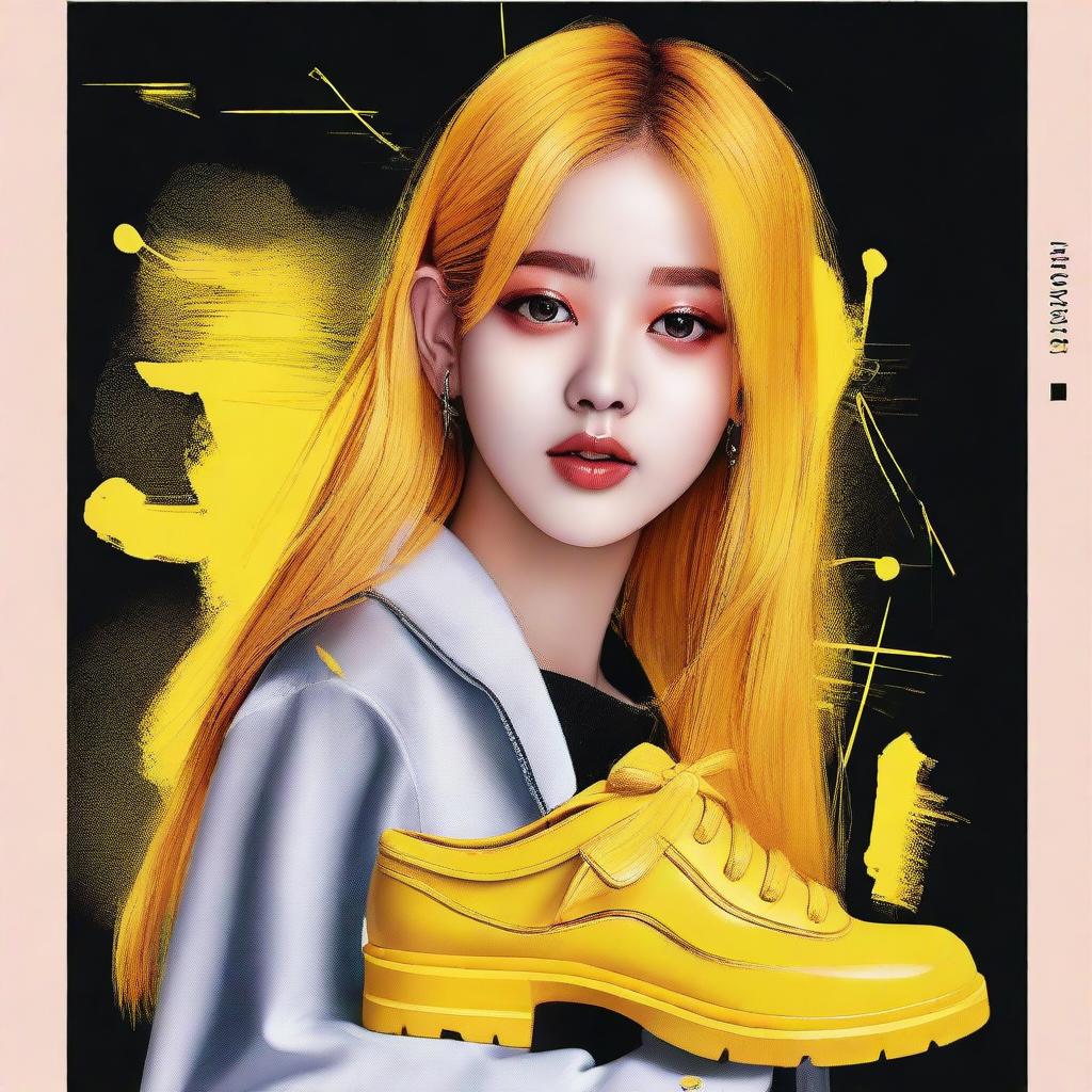 A compelling poster design featuring a painted portrait of Jisoo from Blackpink with striking yellow hair, artistically styled as a shoe brand model.