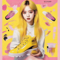 A compelling poster design featuring a painted portrait of Jisoo from Blackpink with striking yellow hair, artistically styled as a shoe brand model.