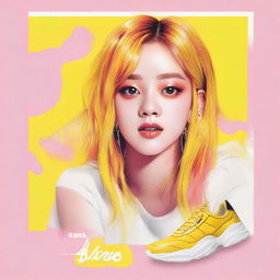 An exciting poster illustration showcasing a painted image of Jisoo from Blackpink, with eye-catching yellow hair, styled stunningly as a model for a shoe brand.