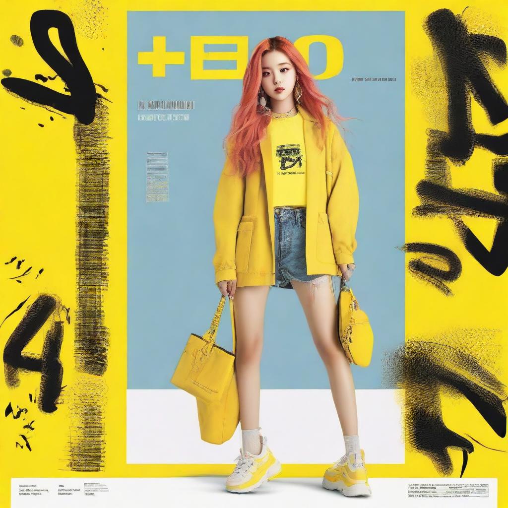 An exciting poster illustration showcasing a painted image of Jisoo from Blackpink, with eye-catching yellow hair, styled stunningly as a model for a shoe brand.