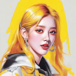 An exciting poster illustration showcasing a painted image of Jisoo from Blackpink, with eye-catching yellow hair, styled stunningly as a model for a shoe brand.