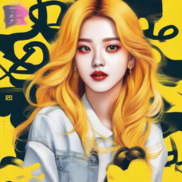 An exciting poster illustration showcasing a painted image of Jisoo from Blackpink, with eye-catching yellow hair, styled stunningly as a model for a shoe brand.