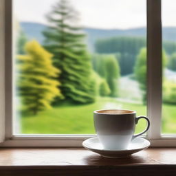 Steaming coffee cup on a windowsill with a picturesque outdoor view