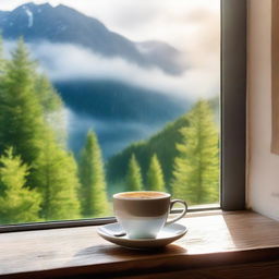 Steaming coffee cup on a windowsill with a picturesque outdoor view