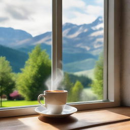 Steaming coffee cup on a windowsill with a picturesque outdoor view