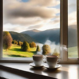 Steaming coffee cup on a windowsill with a picturesque outdoor view