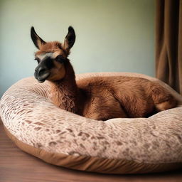 A relaxed tourist is sleeping peacefully, curled up on a plush, brown, llama-patterned pillow.