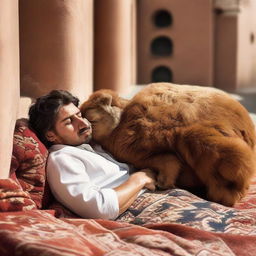 A relaxed tourist is sleeping peacefully, curled up on a plush, brown, llama-patterned pillow.