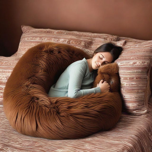 A relaxed tourist is sleeping peacefully, curled up on a plush, brown, llama-patterned pillow.