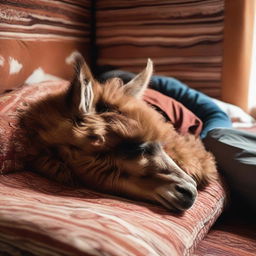 A relaxed tourist is sleeping peacefully, curled up on a plush, brown, llama-patterned pillow.