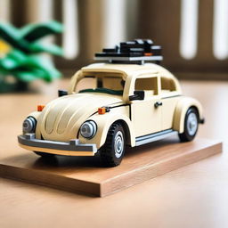 A detailed Lego model of a Volkswagen Beetle car displayed on a wooden table