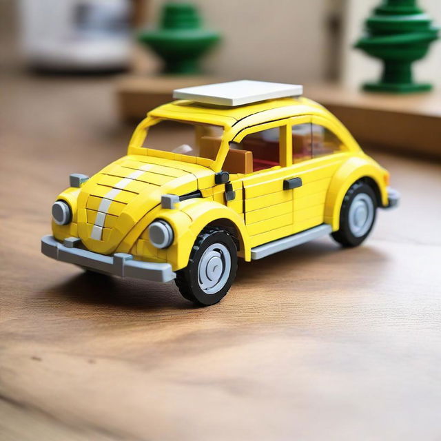 A detailed Lego model of a Volkswagen Beetle car displayed on a wooden table