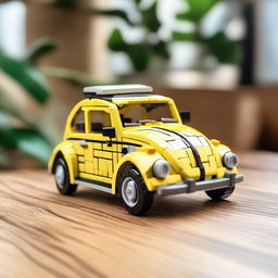 A detailed Lego model of a Volkswagen Beetle car displayed on a wooden table